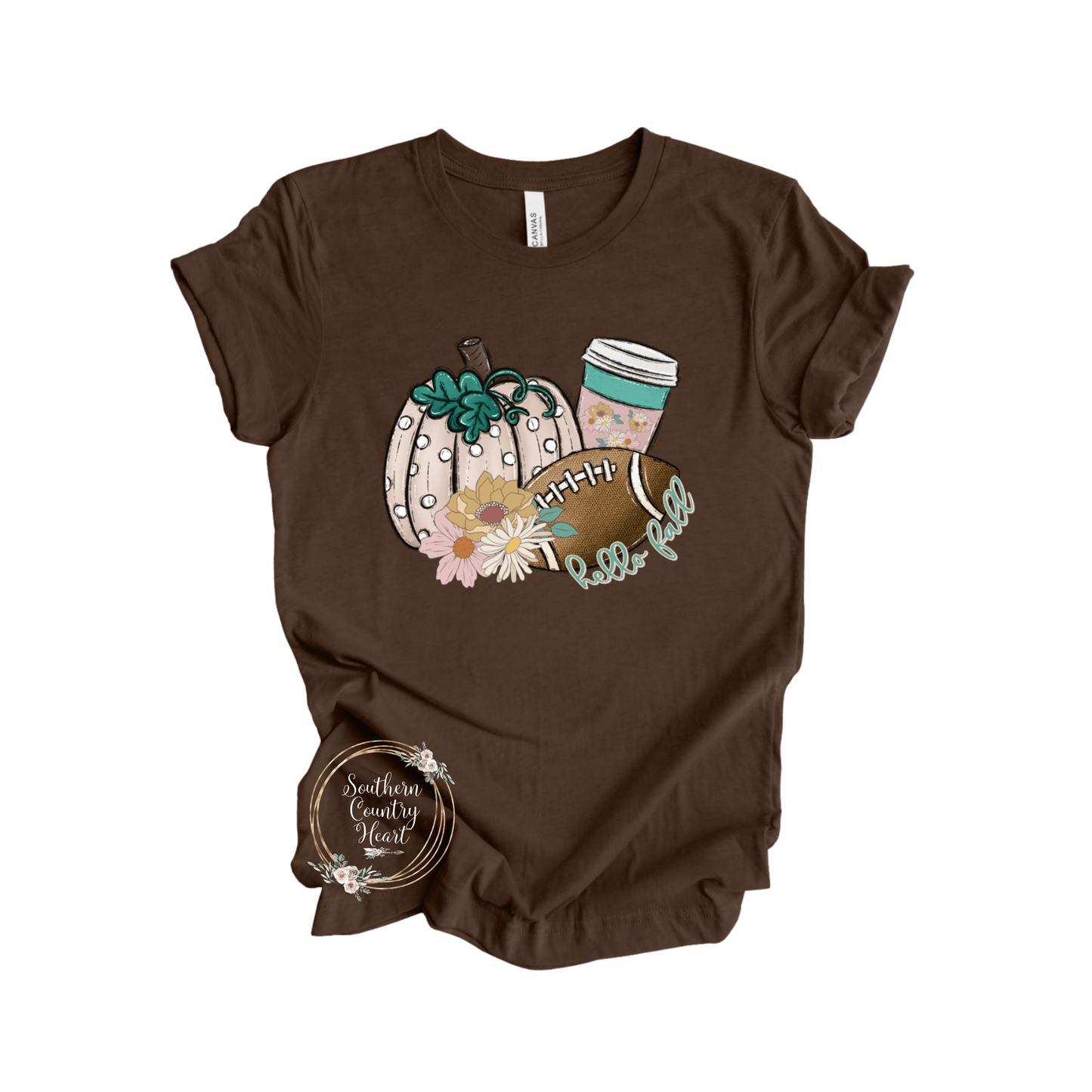 Hello Fall & Football Flowers Tee - Shirt - southerncountryheart.com