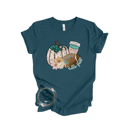Hello Fall & Football Flowers Tee - Shirt - southerncountryheart.com