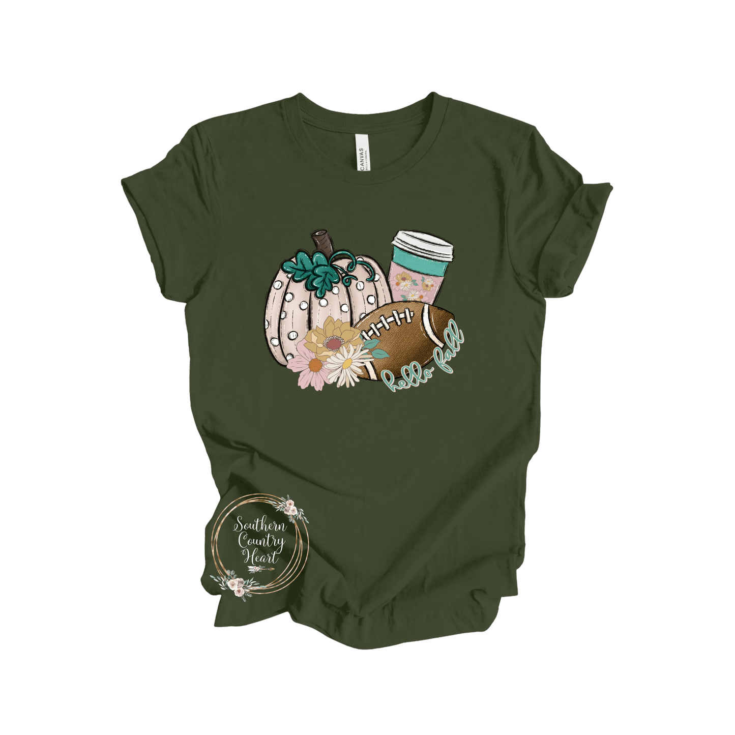 Hello Fall & Football Flowers Tee - Shirt - southerncountryheart.com