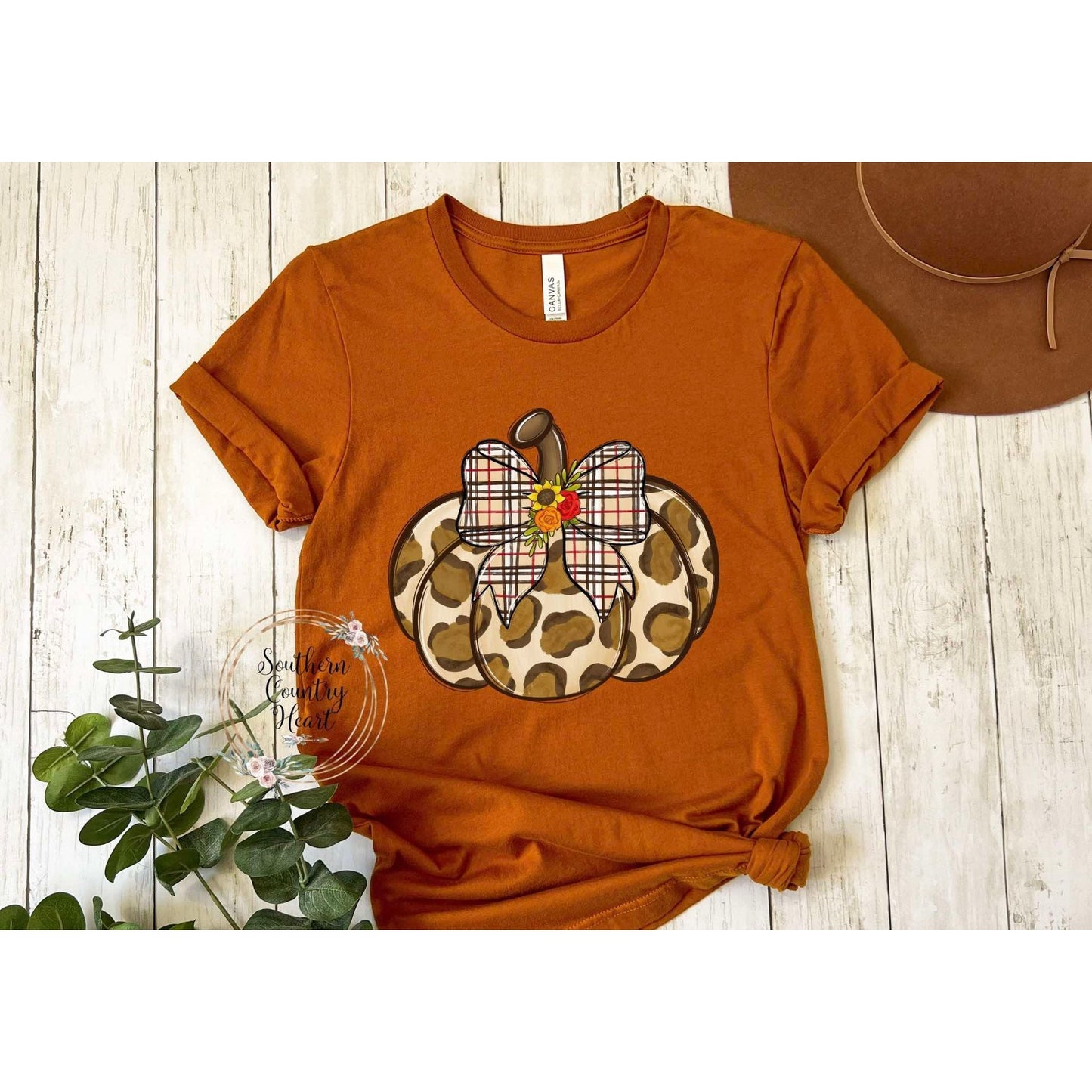 Leopard Pumpkin with Bow Tee - Shirt - southerncountryheart.com