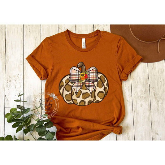 Leopard Pumpkin with Bow Tee - Shirt - southerncountryheart.com