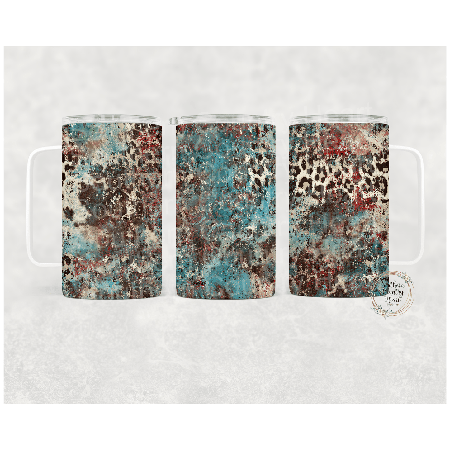 Leopard Western Teal - 16 oz Travel Mug w/ Lid - southerncountryheart.com