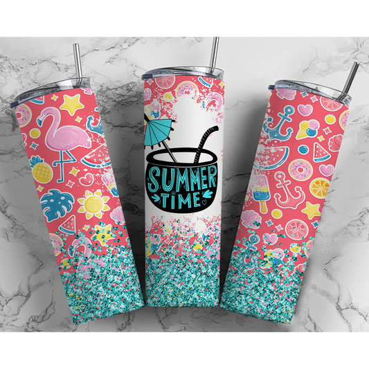 Flamingo Summer Time Glitter - 20 oz Skinny Tumblers w/ Lid and Straw