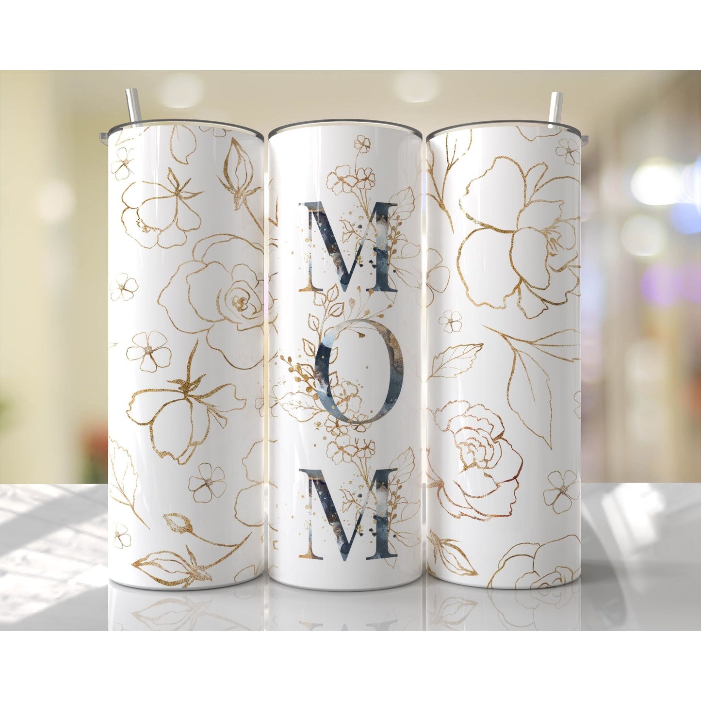 Gold Navy Mom Floral - 20 oz Skinny Tumblers w/ Lid and Straw