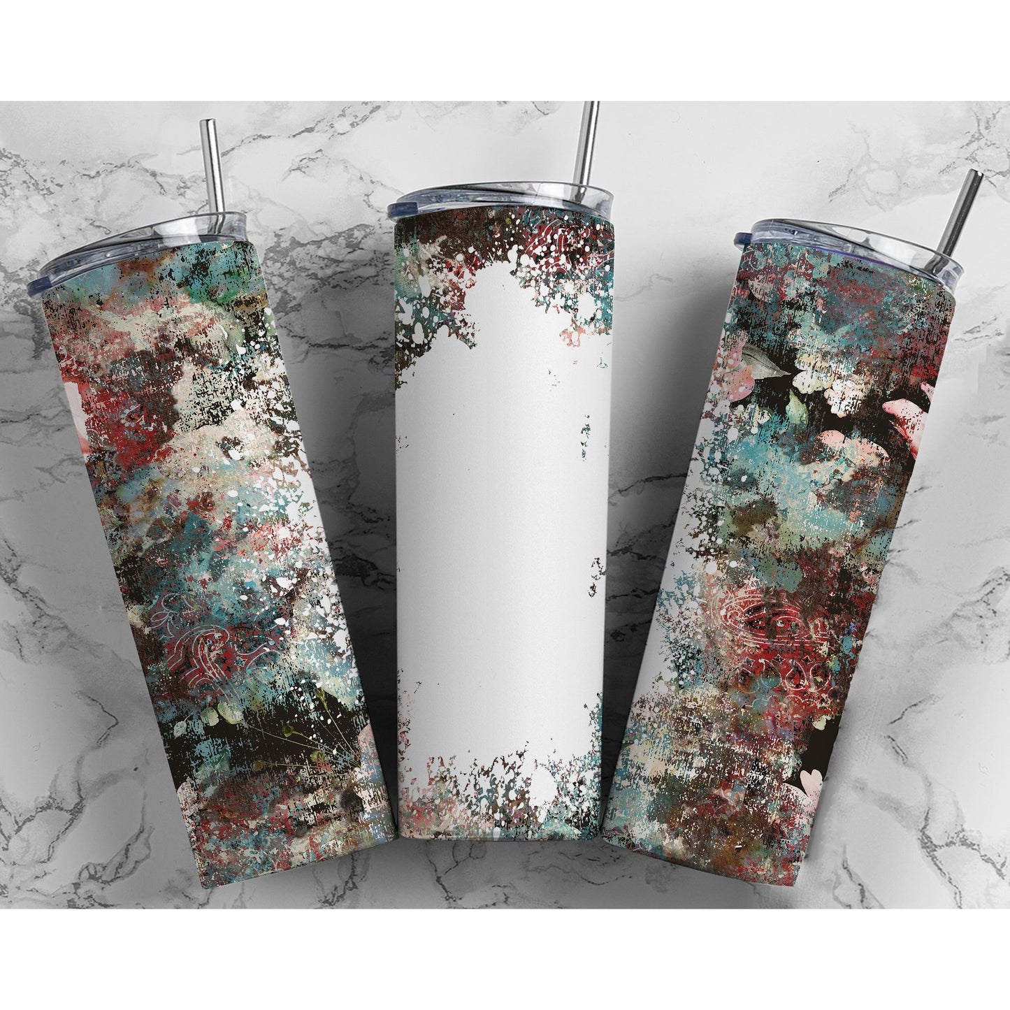 Western Cowgirl Floral Grunge Blank - 20 oz Skinny Tumblers w/ Lid and Straw