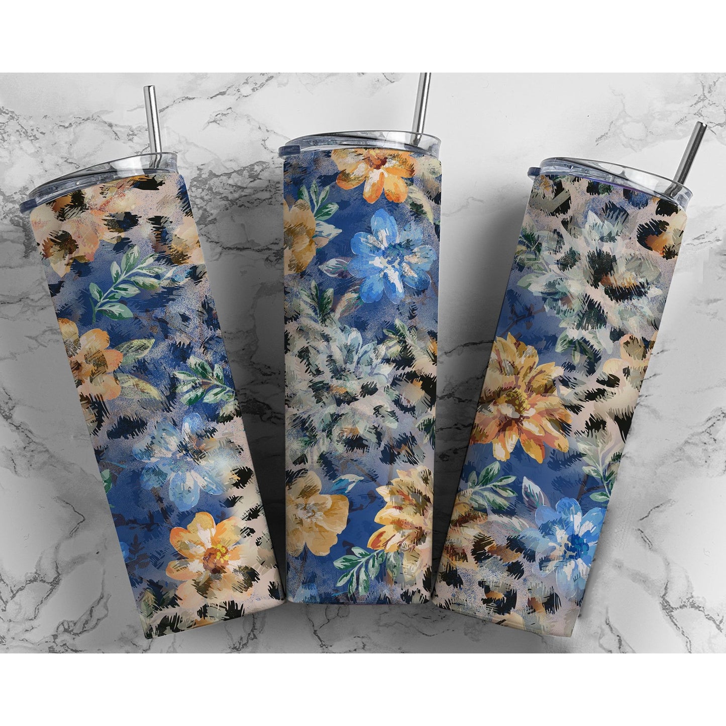 Blue Flower Leopard Color Wash- 20 oz Skinny Tumblers w/ Lid and Straw