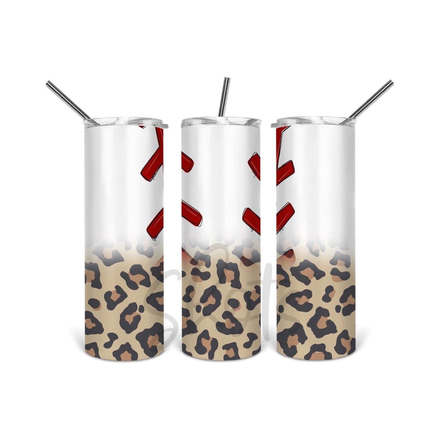 Baseball with Leopard Bottom - 20 oz Skinny Tumblers w/ Lid and Straw