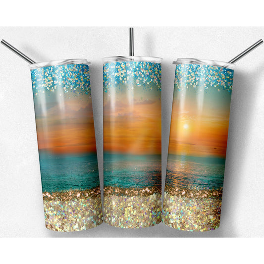 Beach Glitter - 20 oz Skinny Tumblers w/ Lid and Straw