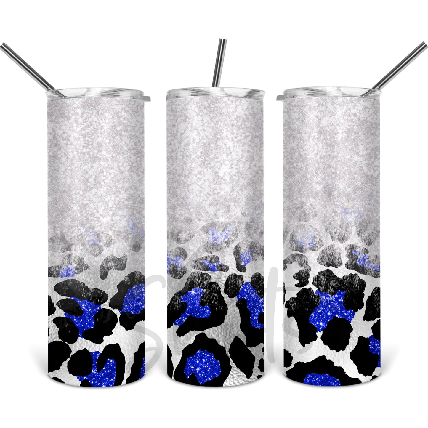 Blue Leopard Glitter Bottom - 20 oz Skinny Tumblers w/ Lid and Straw