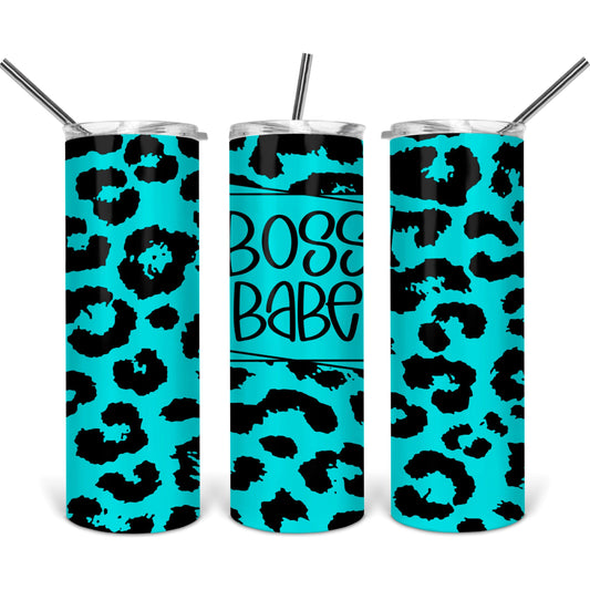 Boss Babe Leopard on Teal- 20 oz Skinny Tumblers w/ Lid and Straw