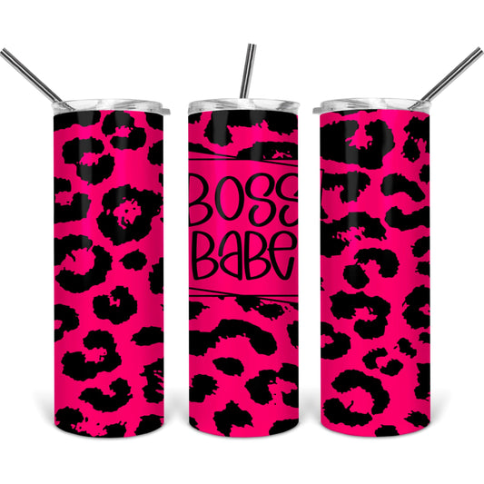 Boss Babe Leopard on Pink- 20 oz Skinny Tumblers w/ Lid and Straw