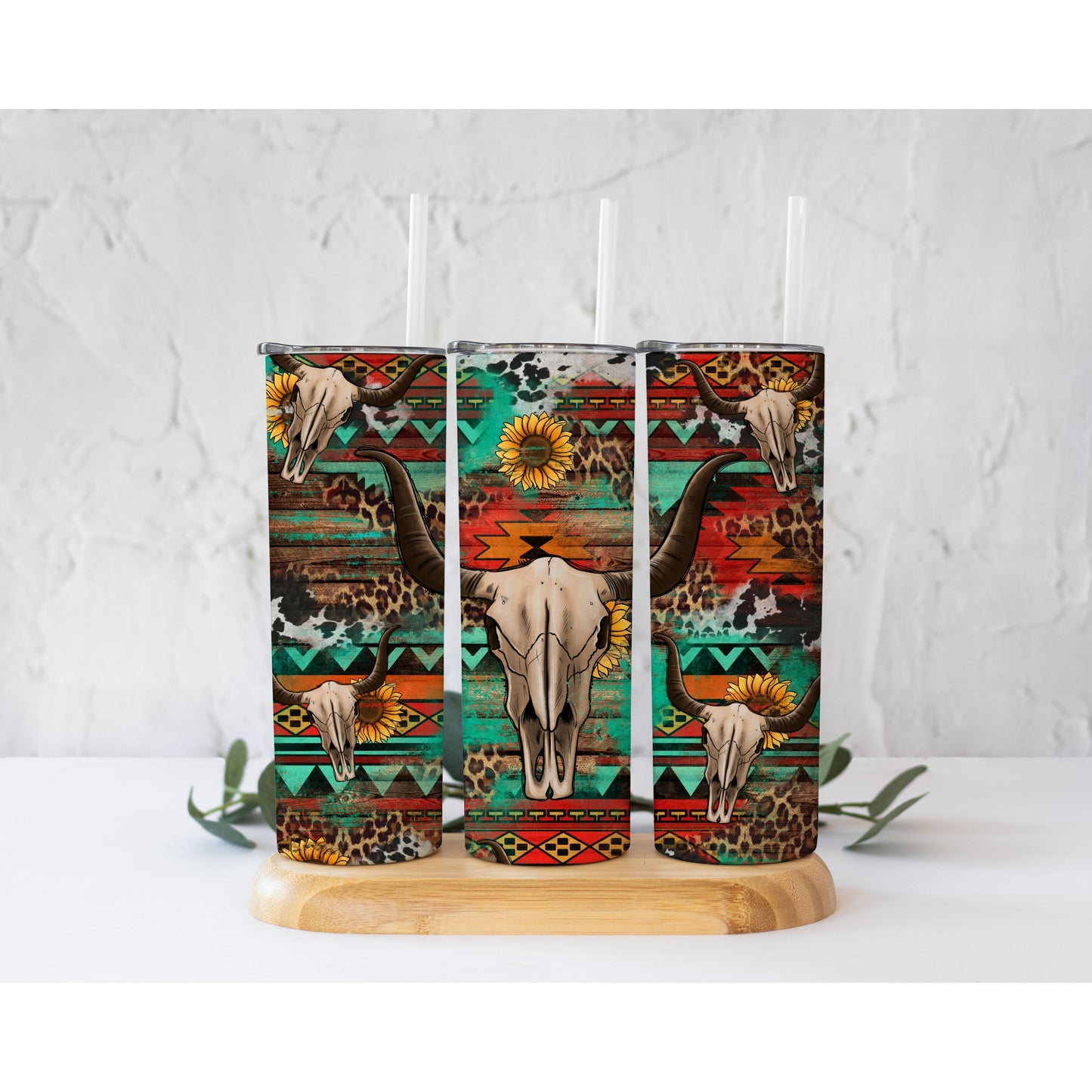 Bull Skull Aztec Sunflower - 20 oz Skinny Tumblers w/ Lid and Straw