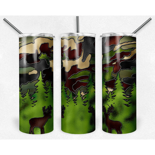 Camo deer stained Glass  - 20 oz Skinny Tumblers w/ Lid and Straw