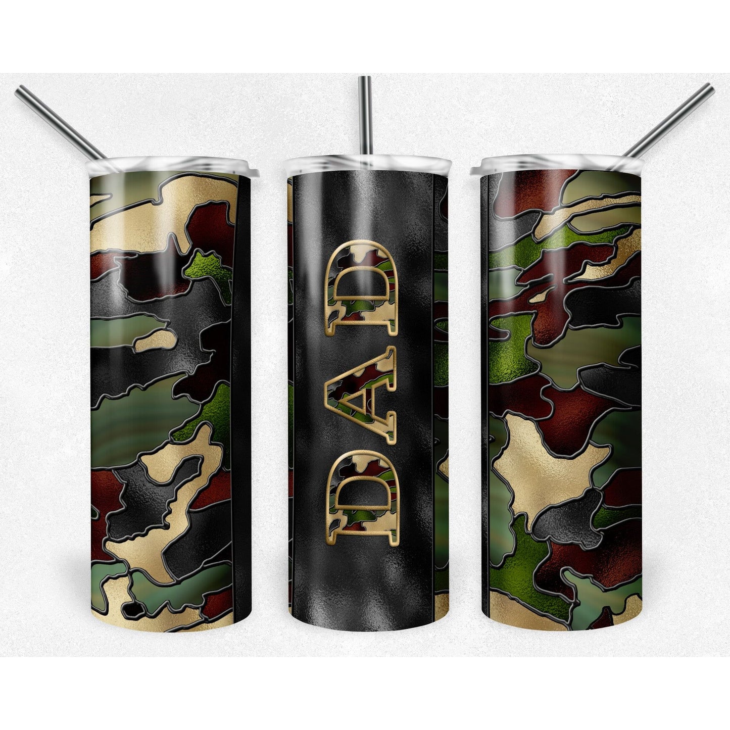 Camo stained Glass black line Dad - 20 oz Skinny Tumblers w/ Lid and Straw