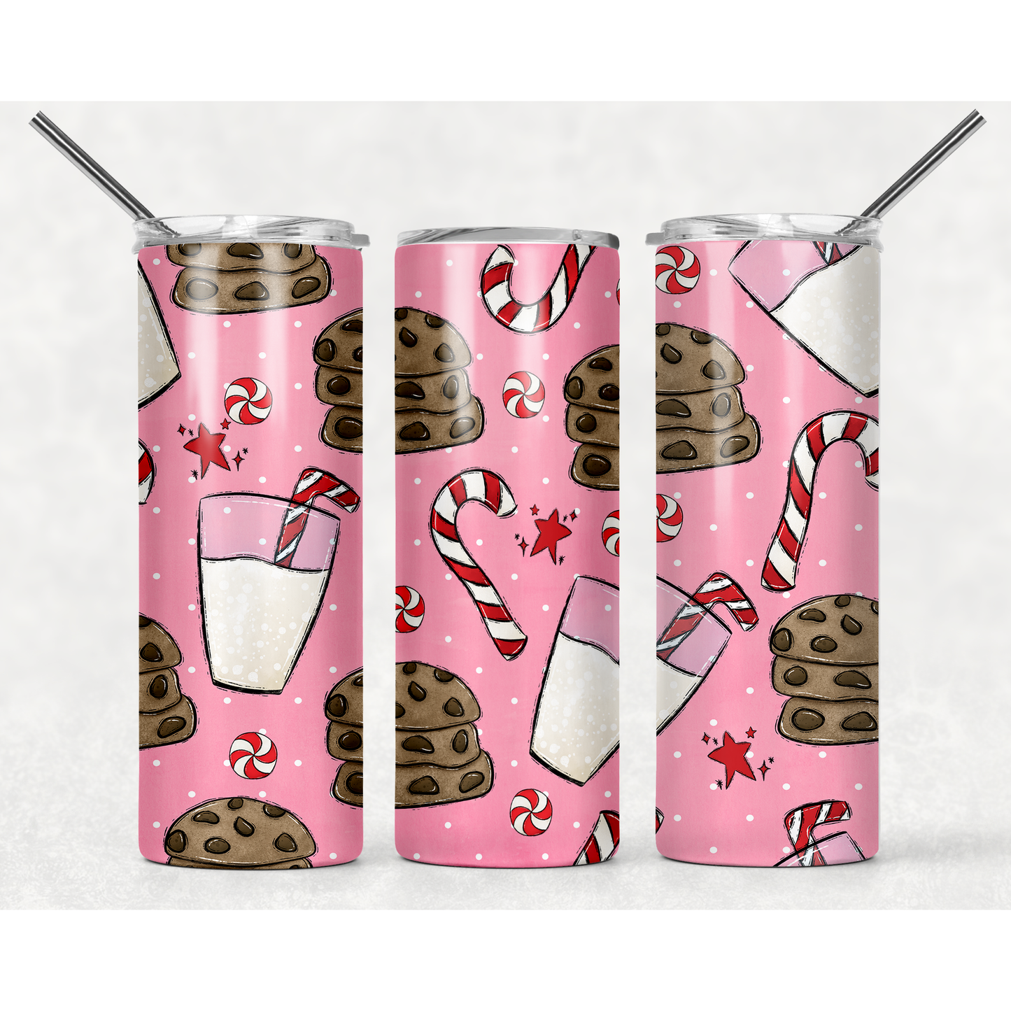 Christmas Cookies and Milk Pink - 20 oz Skinny Tumblers w/ Lid and Straw