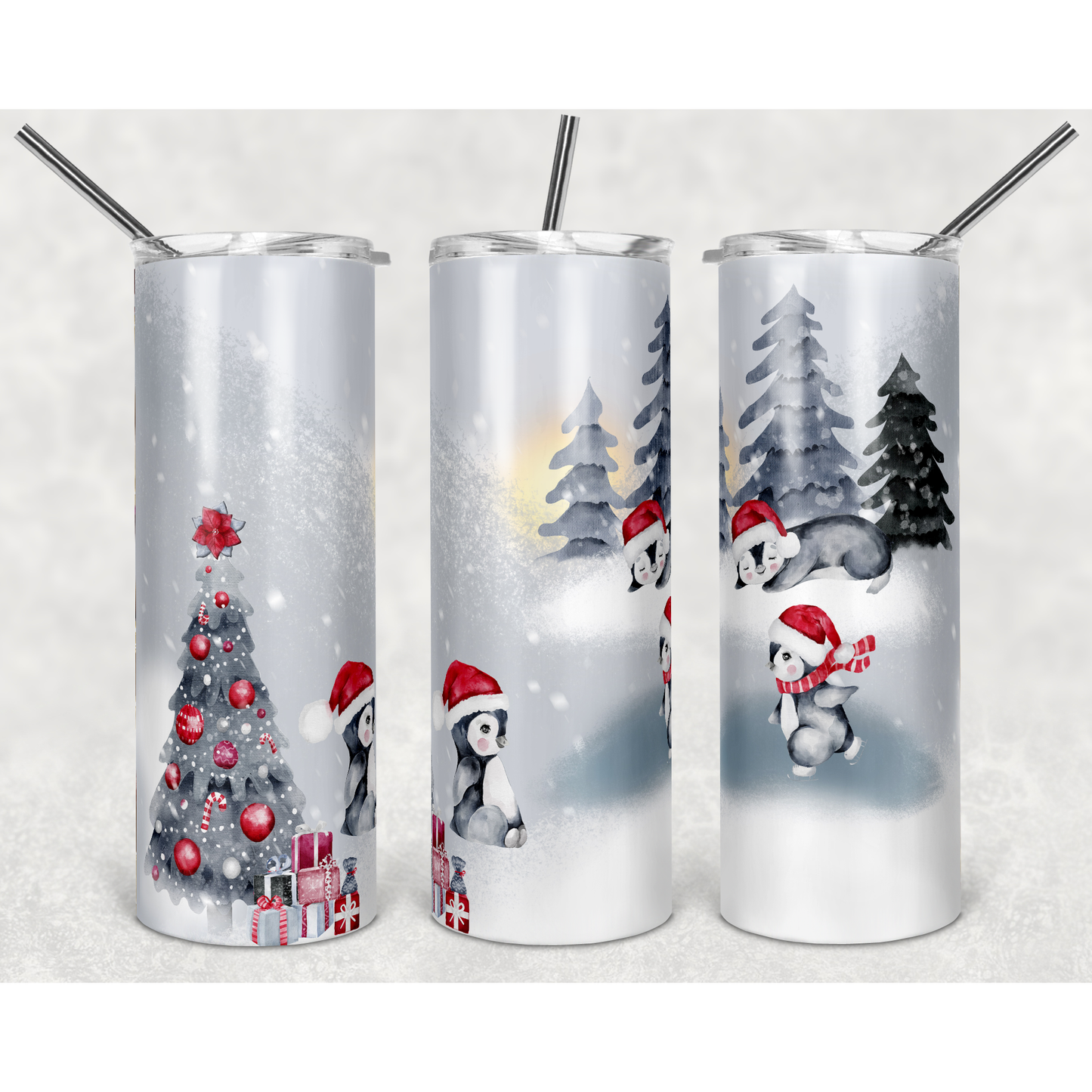 Christmas Penguins In Snow - 20 oz Skinny Tumblers w/ Lid and Straw