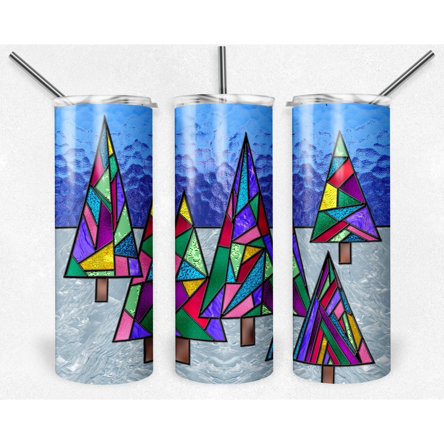 Christmas Tree Stained Glass - 20 oz Skinny Tumblers w/ Lid and Straw