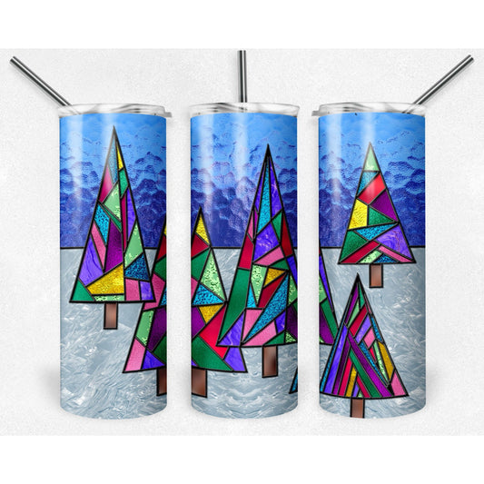 Christmas Tree Stained Glass - 20 oz Skinny Tumblers w/ Lid and Straw