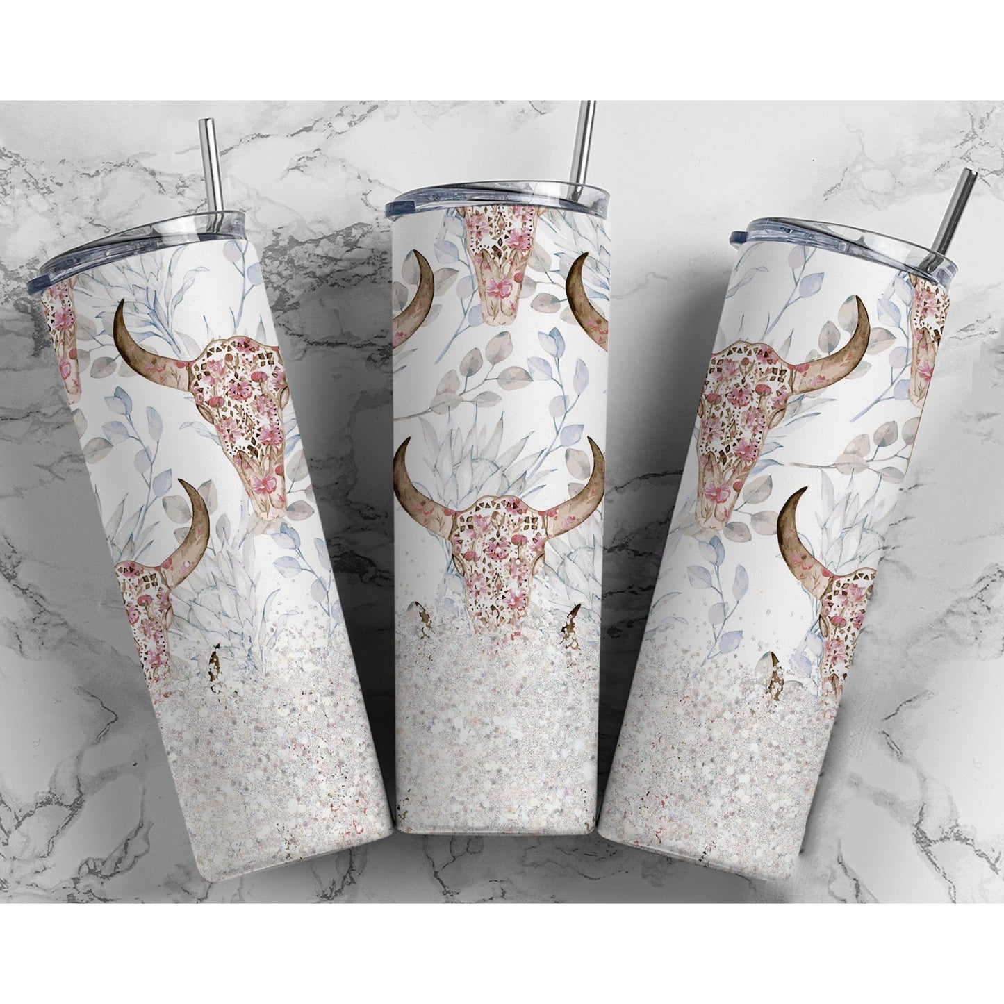 Deer head with Pink Flowers - 20 oz Skinny Tumblers w/ Lid and Straw