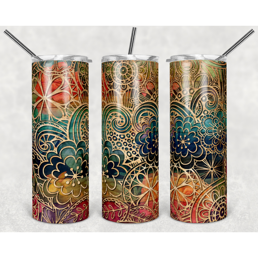 Floral Wood Floral - 20 oz Skinny Tumblers w/ Lid and Straw