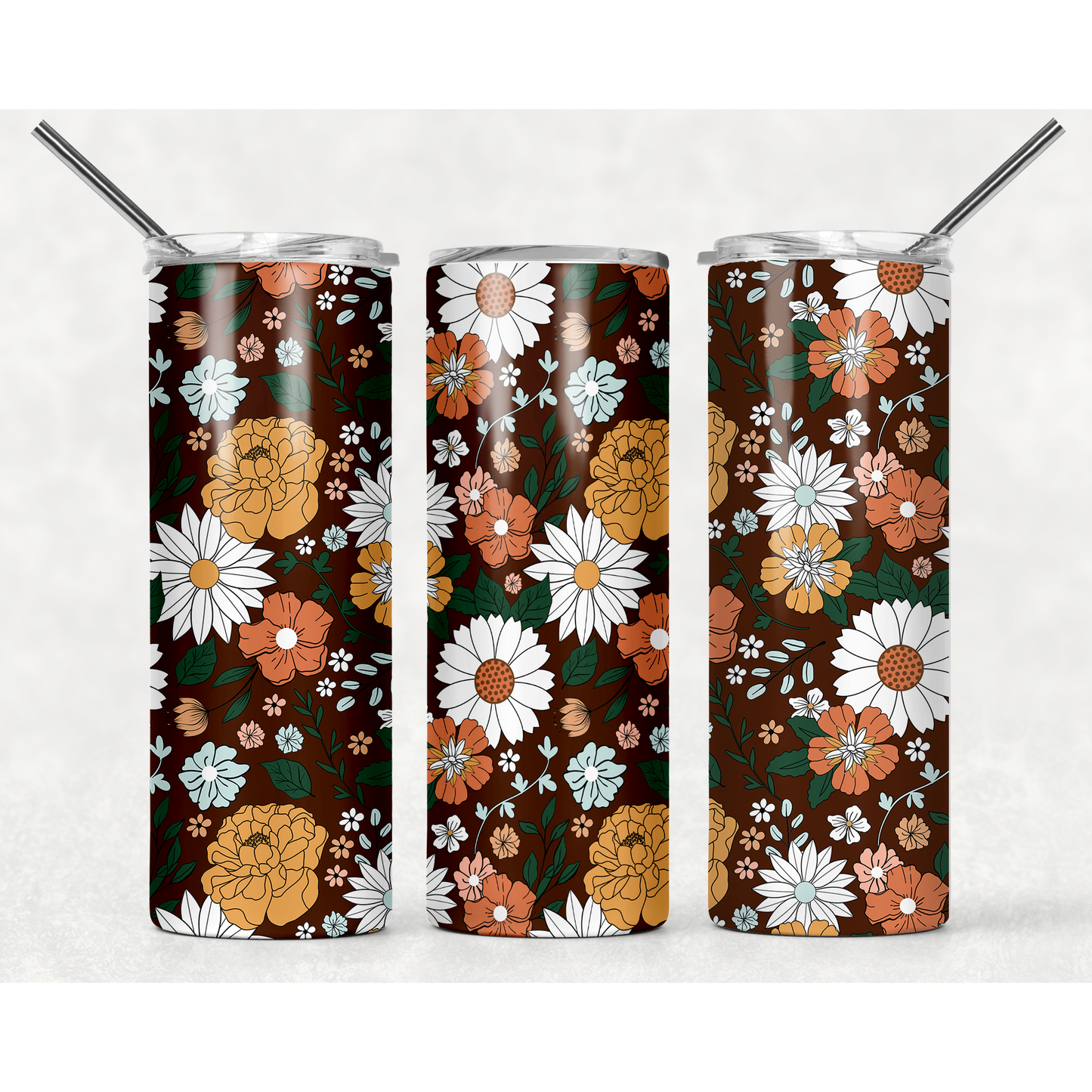 Fall Flowers Brown   - 20 oz Skinny Tumblers w/ Lid and Straw