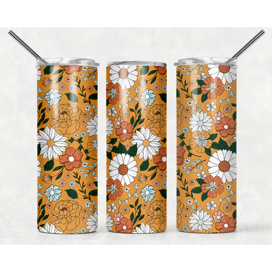 Fall Flowers Mustard Yellow   - 20 oz Skinny Tumblers w/ Lid and Straw