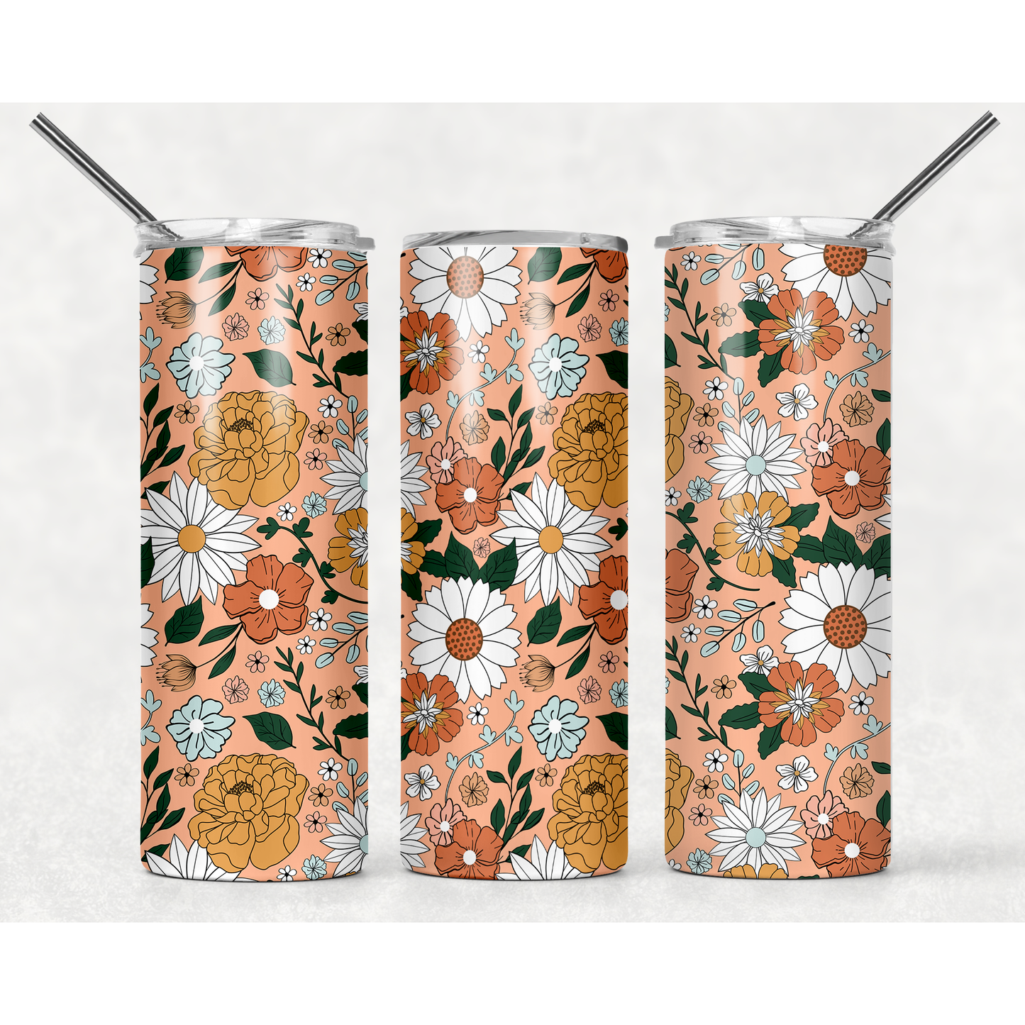 Fall Flowers Peach   - 20 oz Skinny Tumblers w/ Lid and Straw