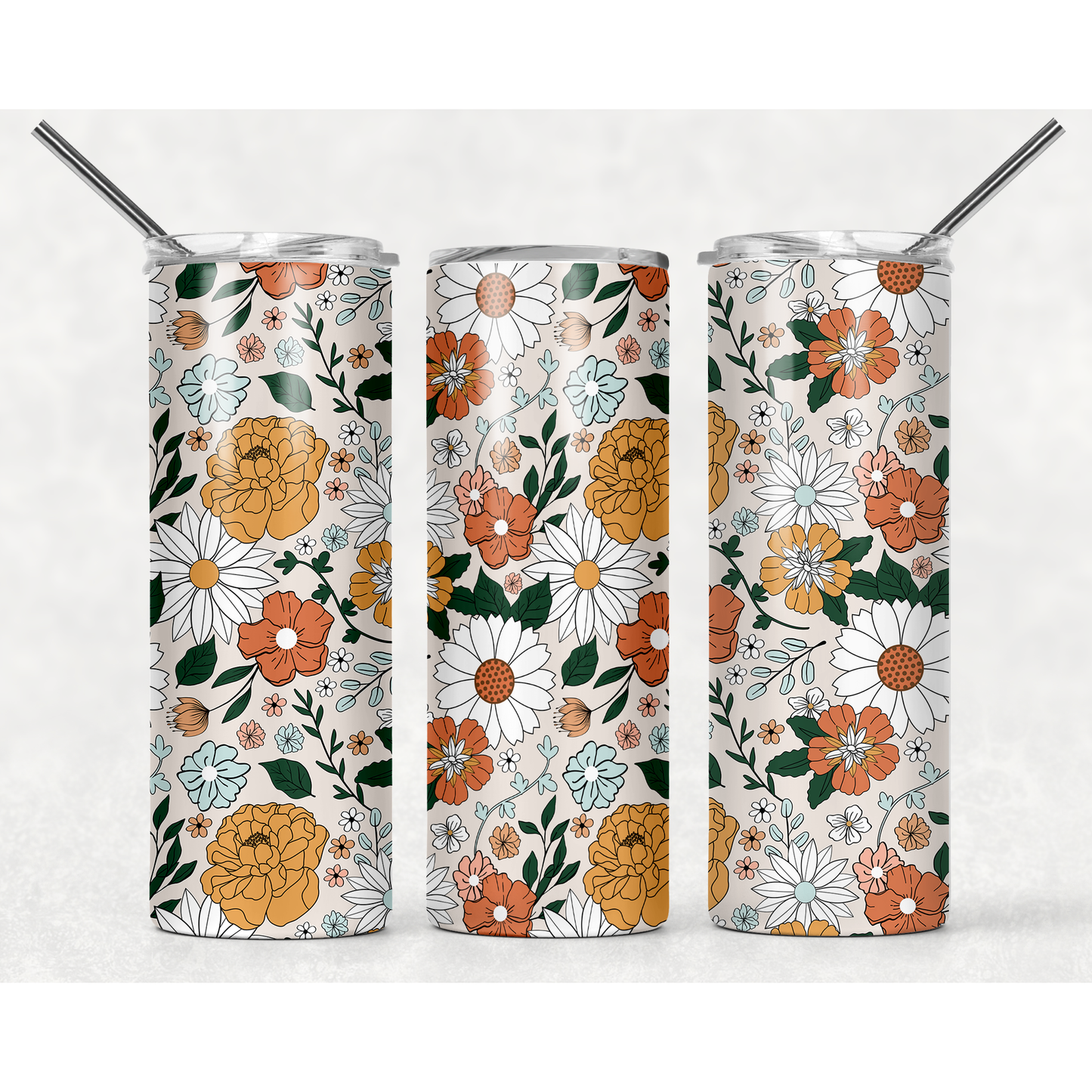 Fall Flowers White   - 20 oz Skinny Tumblers w/ Lid and Straw