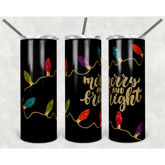 Glitter Merry and Bright on Black - 20 oz Skinny Tumblers w/ Lid and Straw