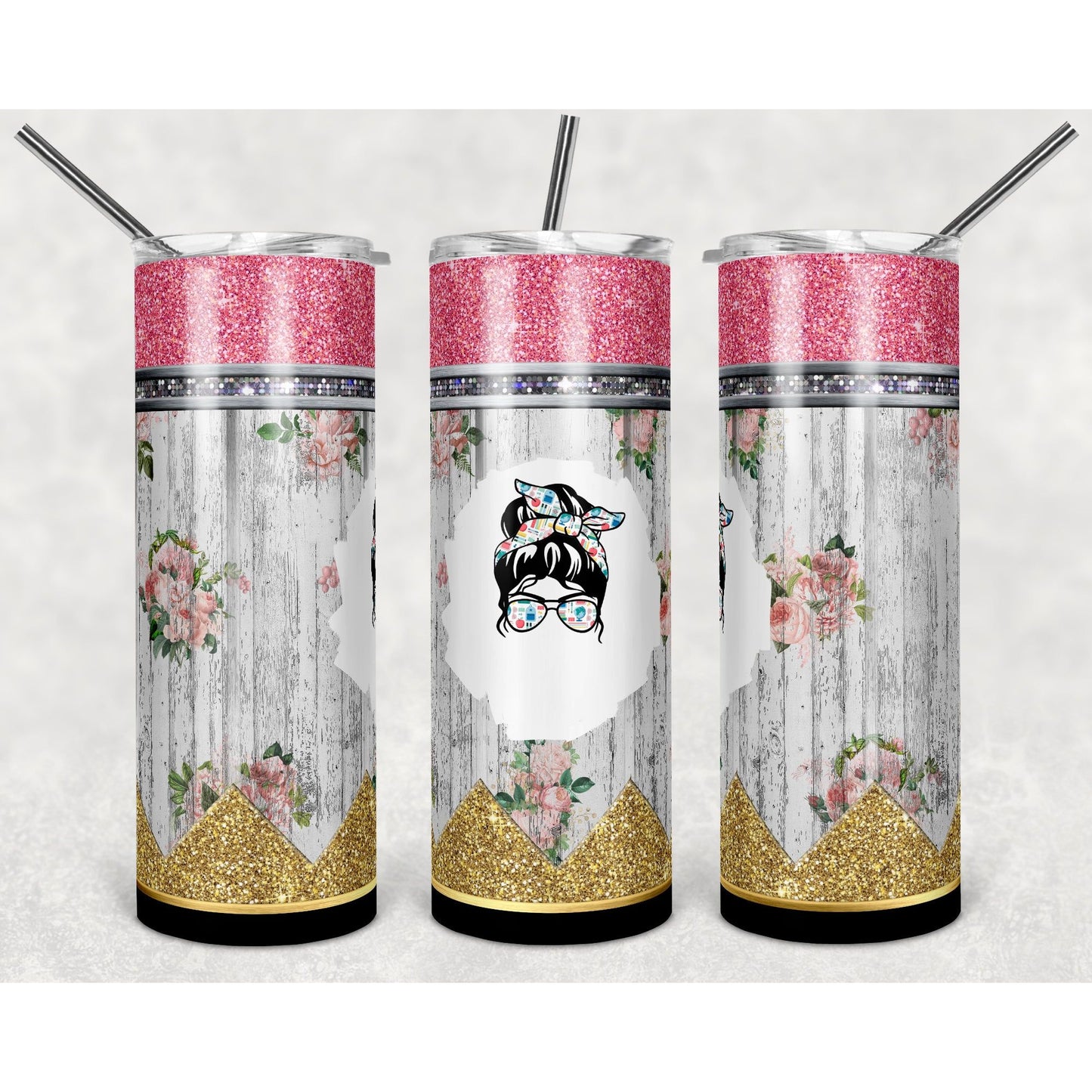 Glitter Rustic Floral Pencil Mom Life - 20 oz Skinny Tumblers w/ Lid and Straw