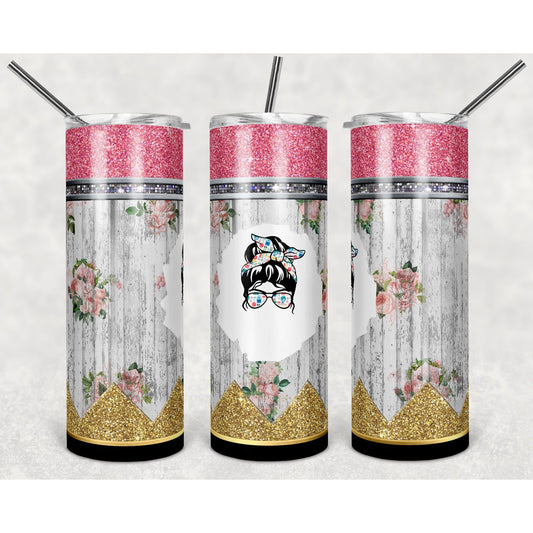 Glitter Rustic Floral Pencil Mom Life - 20 oz Skinny Tumblers w/ Lid and Straw