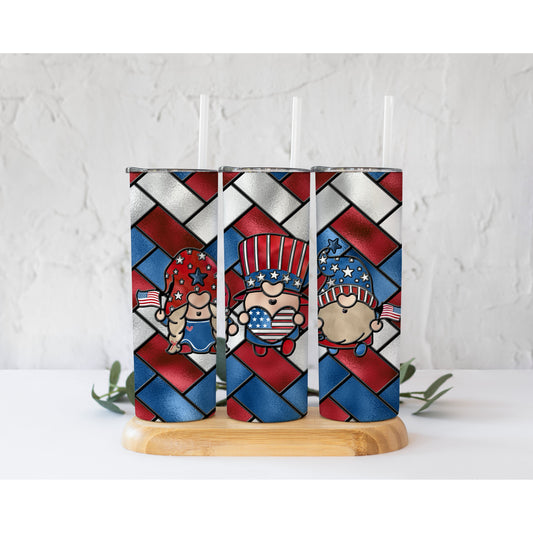 Gnome 4th July Stained Glass  - 20 oz Skinny Tumblers w/ Lid and Straw