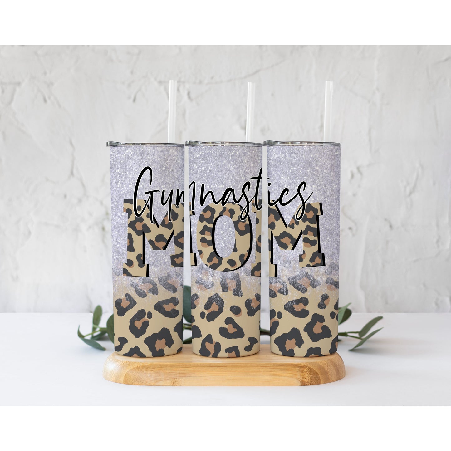 Gymnastics Mom Leopard on Glitter - 20 oz Skinny Tumblers w/ Lid and Straw