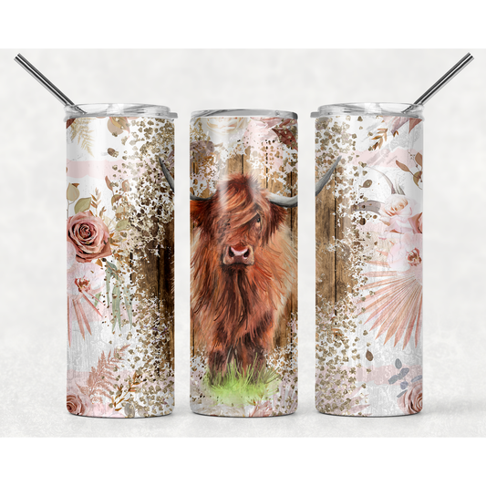 Highland Bull Pink Floral - 20 oz Skinny Tumblers w/ Lid and Straw