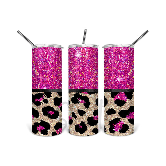 Hot Pink Leopard Glitter - 20 oz Skinny Tumblers w/ Lid and Straw