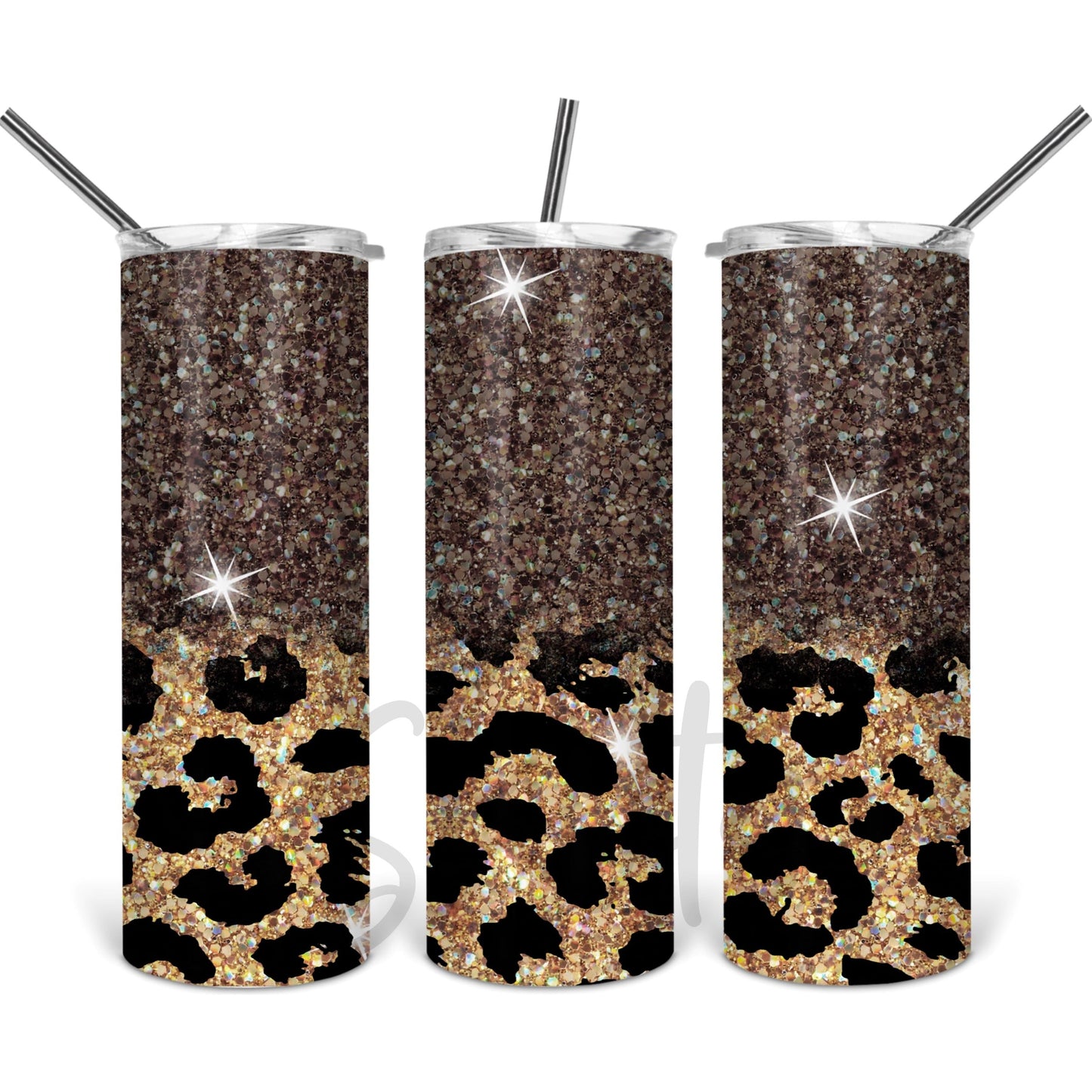 Leopard on Black Glitter - 20 oz Skinny Tumblers w/ Lid and Straw