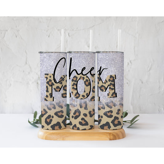 Leopard Cheer Mom Glitter - 20 oz Skinny Tumblers w/ Lid and Straw