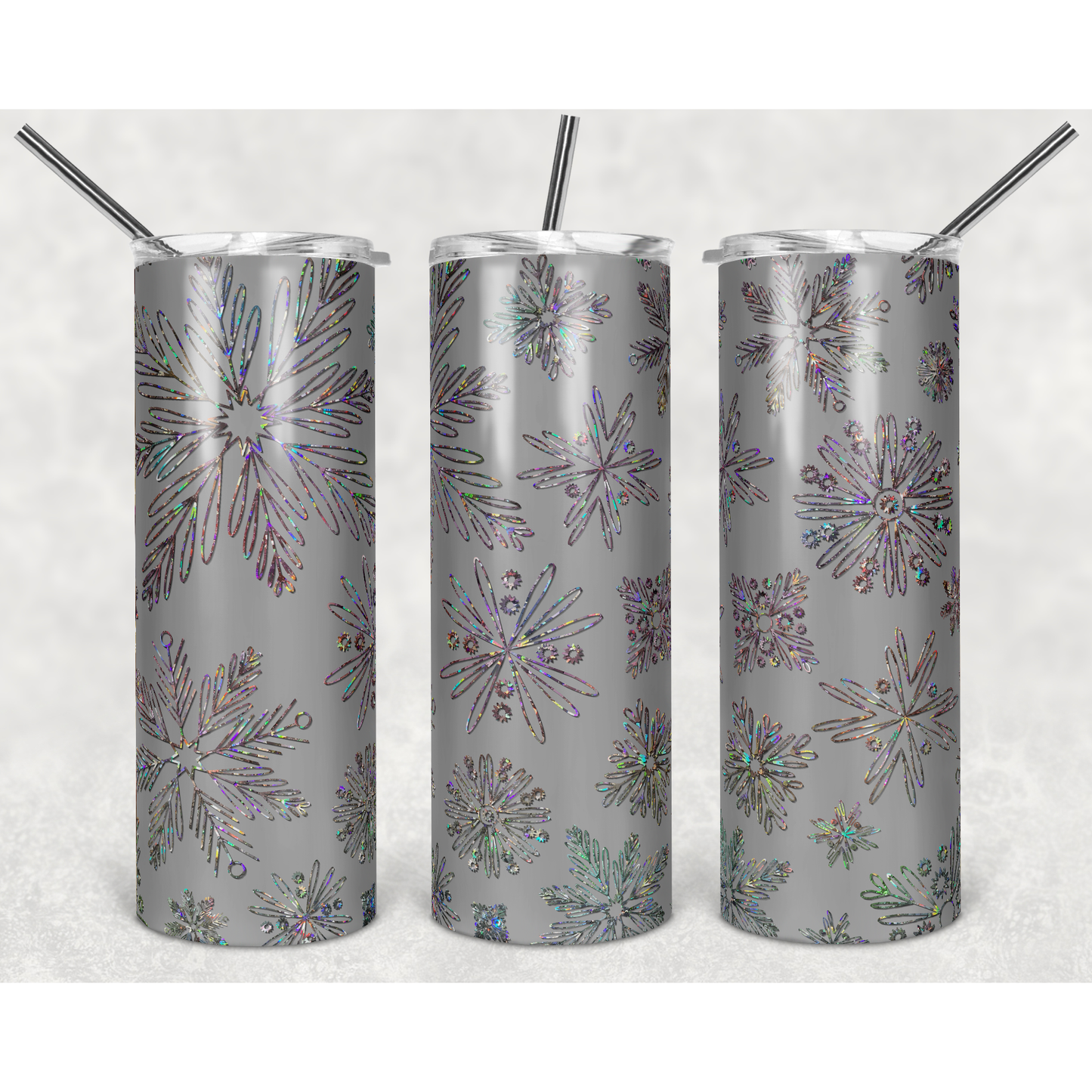 Light Gray Holographic Snowflakes - 20 oz Skinny Tumblers w/ Lid and Straw