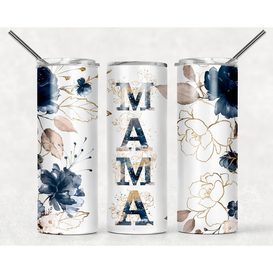 Mama Navy Flowers - 20 oz Skinny Tumblers w/ Lid and Straw