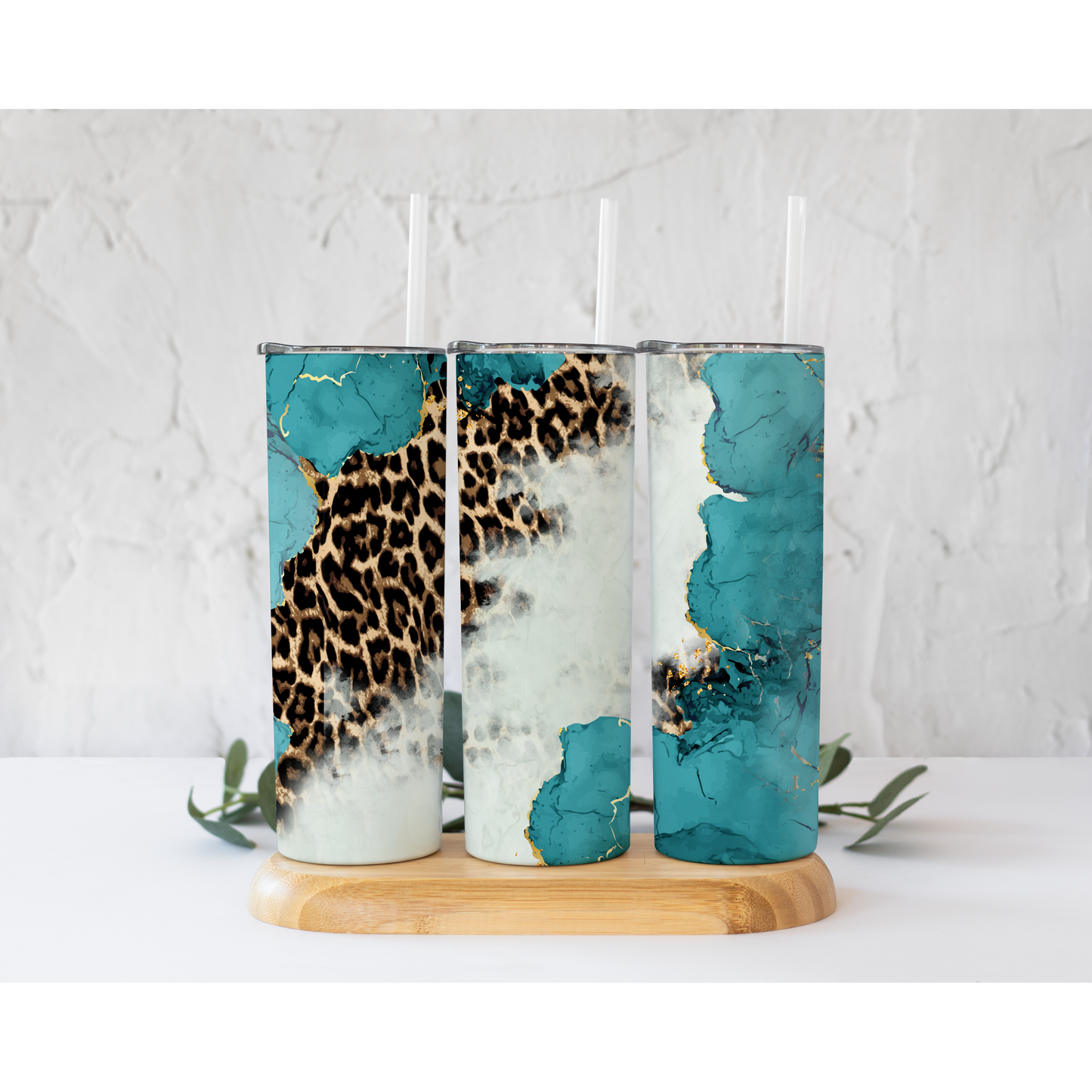 Marble Teal Leopard - 20 oz Skinny Tumblers w/ Lid and Straw