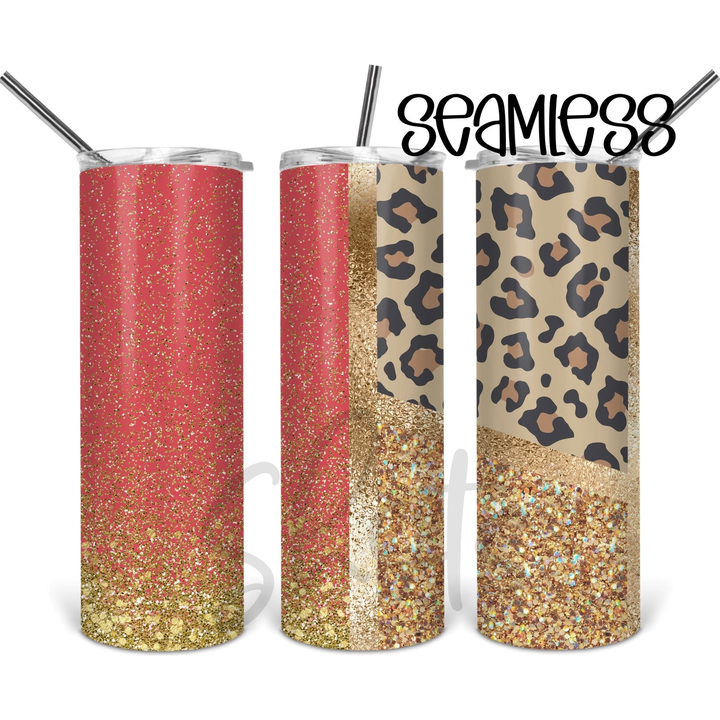 Melon Leopard Glitter Split - 20 oz Skinny Tumblers w/ Lid and Straw