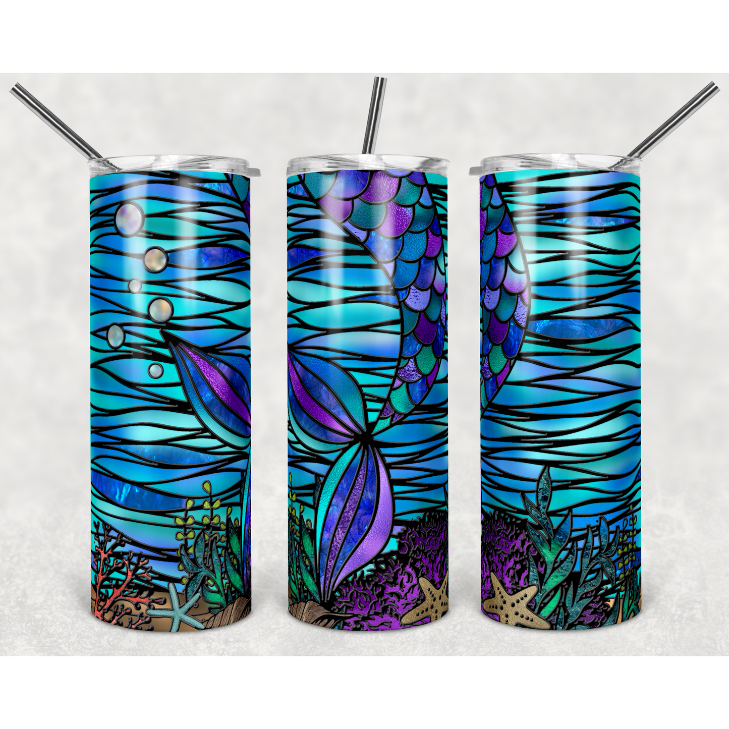 Mermaid Stained Glass Under the Sea - 20 oz Skinny Tumblers w/ Lid and Straw