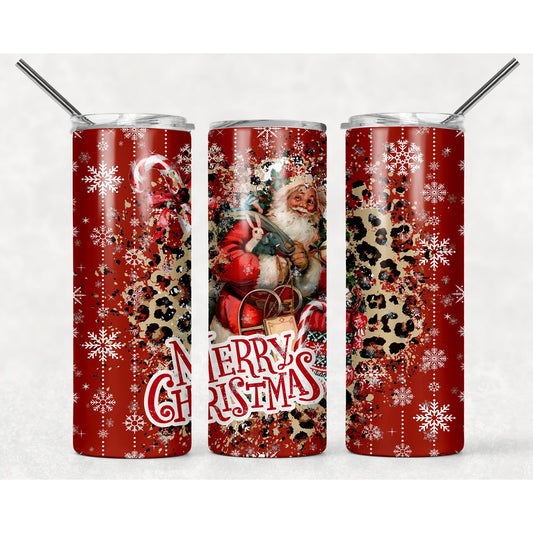 Merry Christmas Santa Leopard - 20 oz Skinny Tumblers w/ Lid and Straw