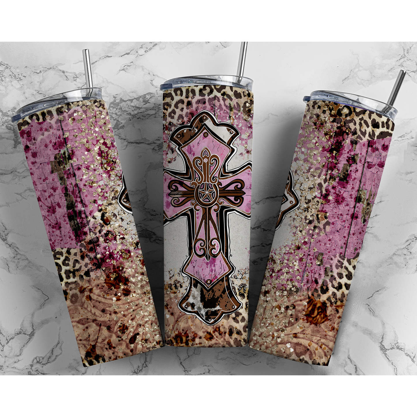 Pink Leopard Glitter Cross - 20 oz Skinny Tumblers w/ Lid and Straw