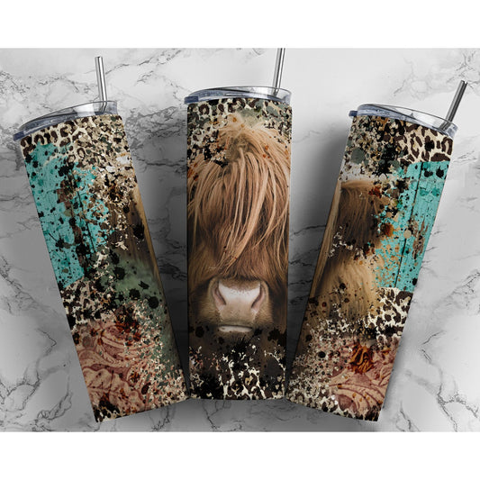 Highland Bull Teal Leopard - 20 oz Skinny Tumblers w/ Lid and Straw