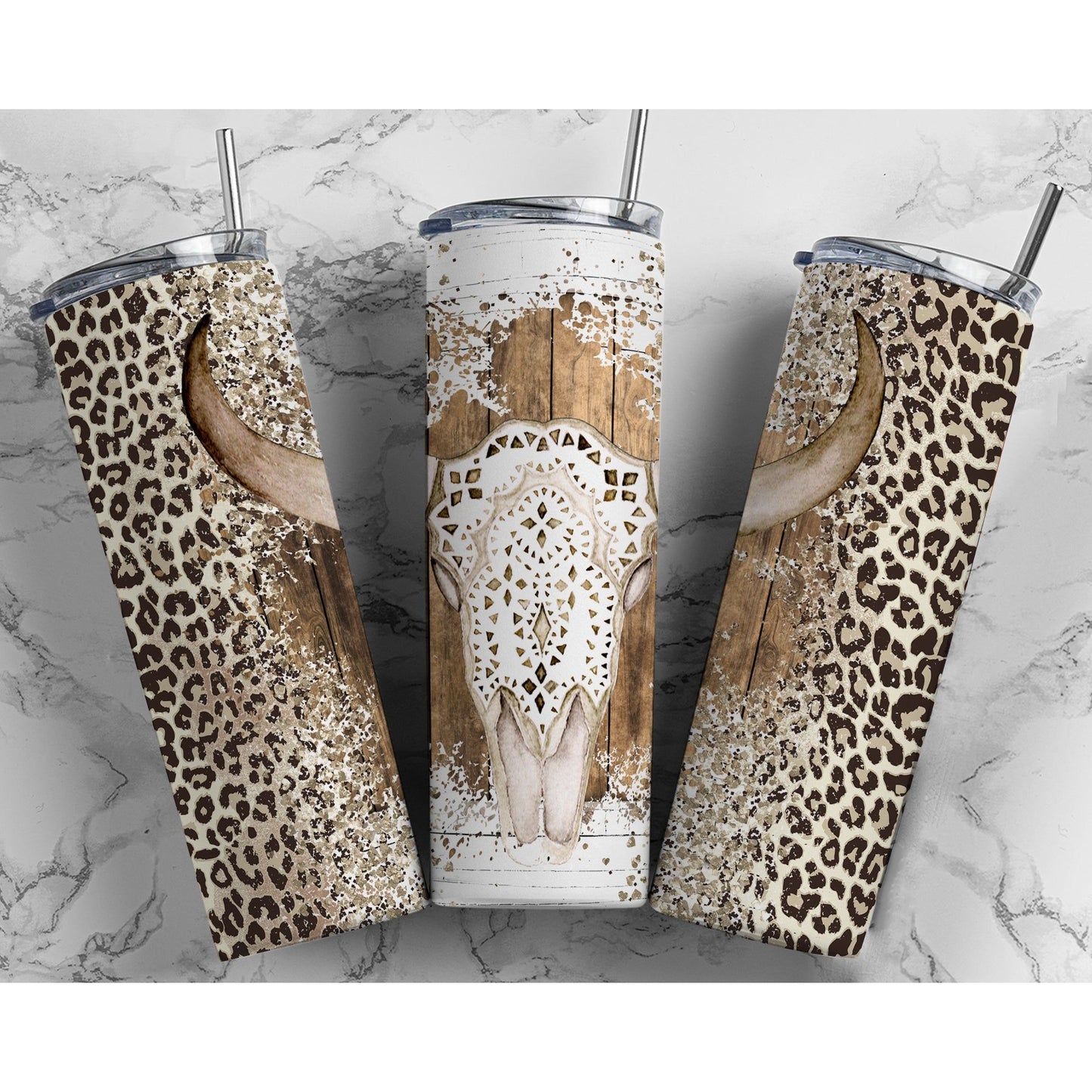 Bull Skull Leopard - 20 oz Skinny Tumblers w/ Lid and Straw