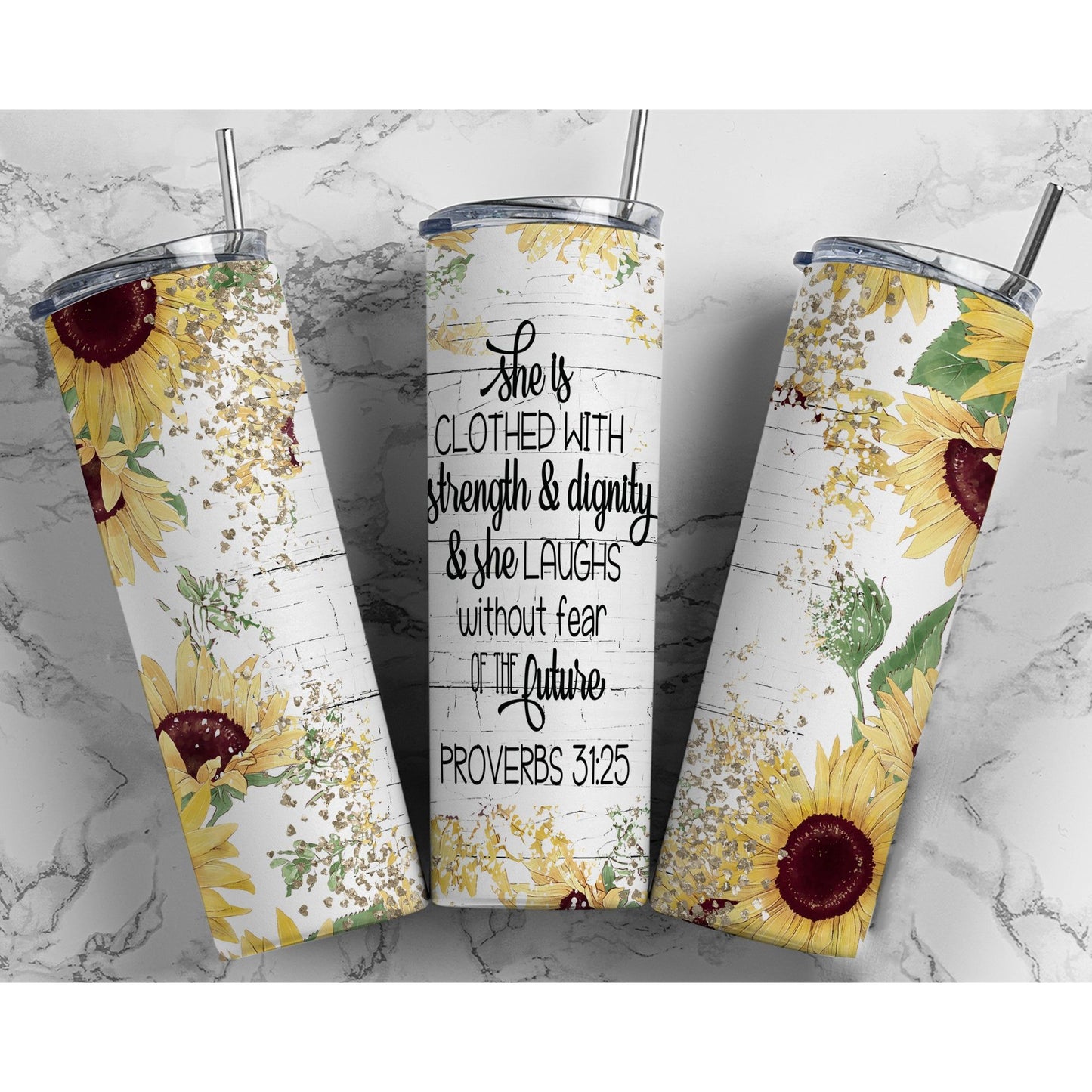 She Is Clothed With Strength - 20 oz Skinny Tumblers w/ Lid and Straw