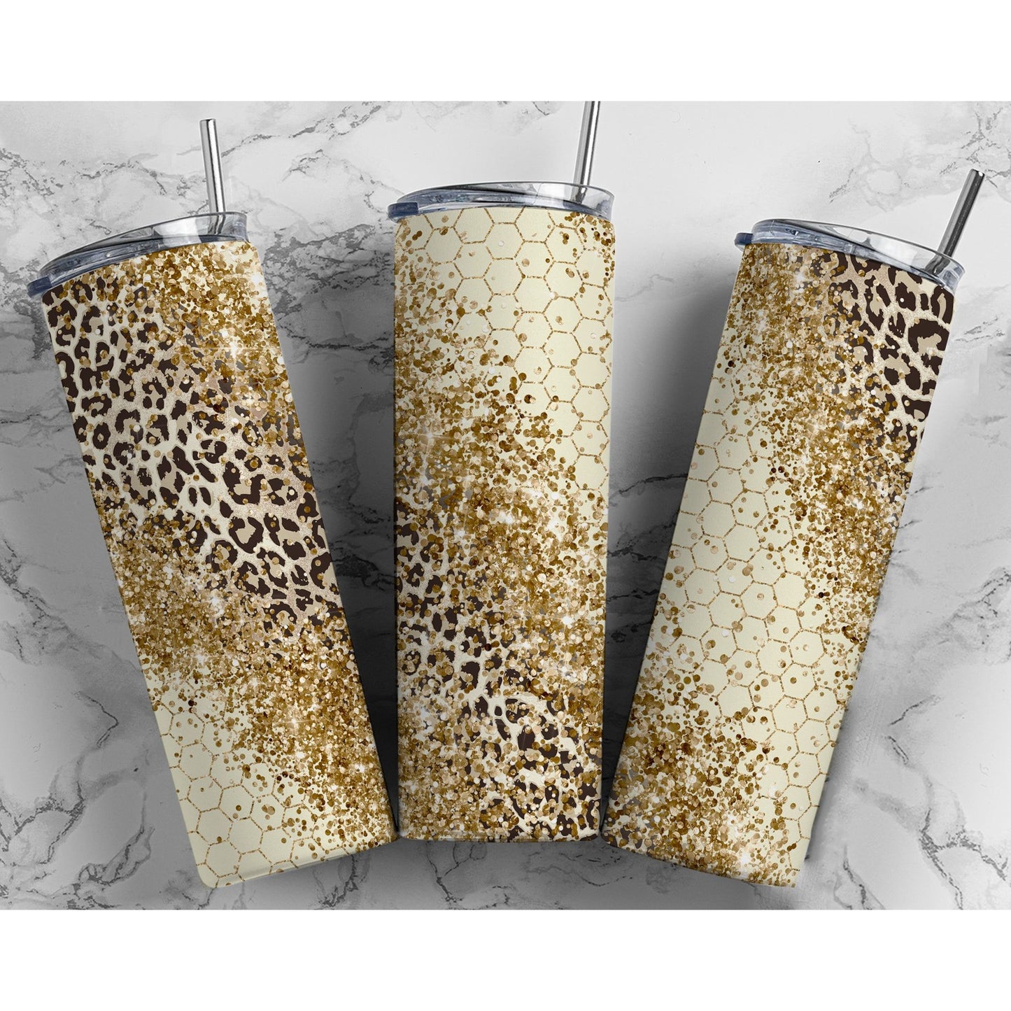 Honey Comb Leopard Glitter - 20 oz Skinny Tumblers w/ Lid and Straw