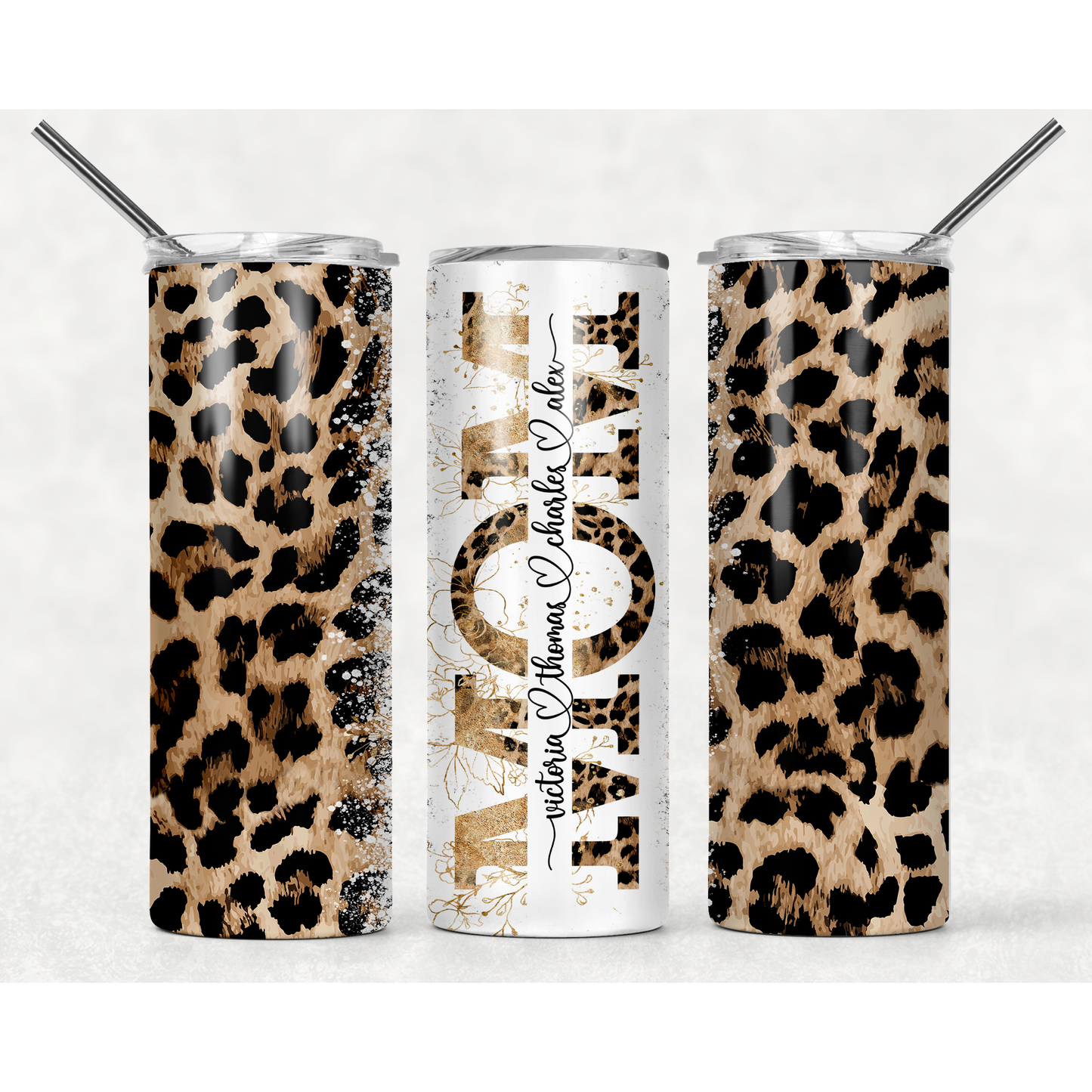 Leopard Gold Mom Split- 20 oz Skinny Tumblers w/ Lid and Straw