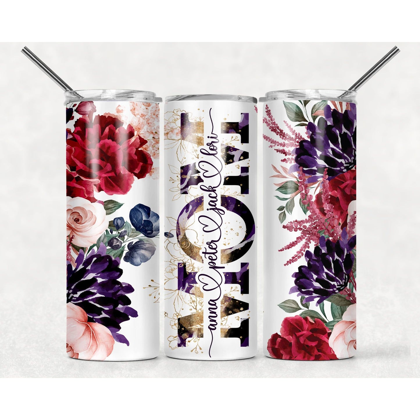 Purple Floral Mom Split- 20 oz Skinny Tumblers w/ Lid and Straw